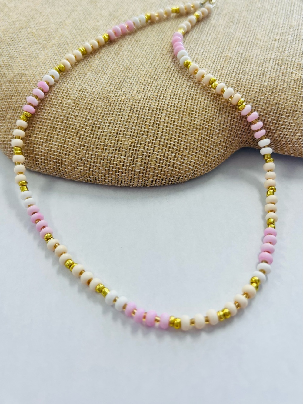Hand Crafted Pink, Cream & Gold Seed Bead Necklace
